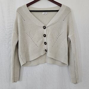 Ivy + Main Cropped V-Neck Button Front Knit Sweater in Tan & Brown Size M